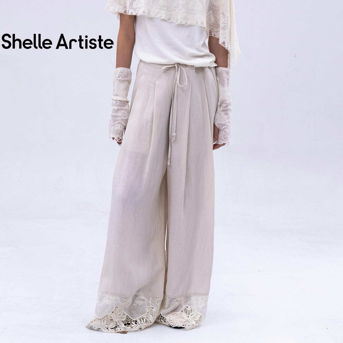 Shelle Artiste 26秋季新款女抽绳裤脚钩花边松弛感听海浪直筒裤图片