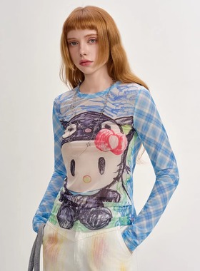 SOFITTE 25AW秋季新款 蓝色格纹拼接趣味印花打底衫