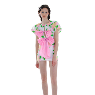 2024春夏新款 HSU ESTER 蝴蝶结花朵提花收身连衣裙百搭 折