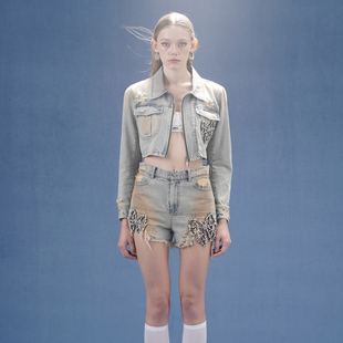 沙土做旧牛仔外套蝴蝶结牛仔短裤 4MILE设计师品牌 折