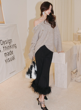 【折】ROCHA ROMA 2J秋冬不规则露肩链条毛衣鸵鸟毛喇叭裤