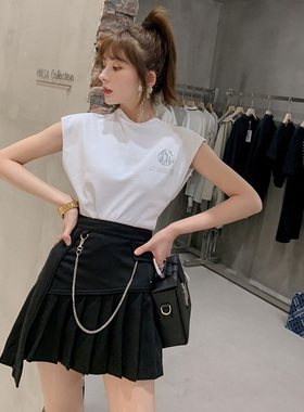 【折】Danielle Guizio 新款黑色透视长袖上衣/百褶裙短裙女