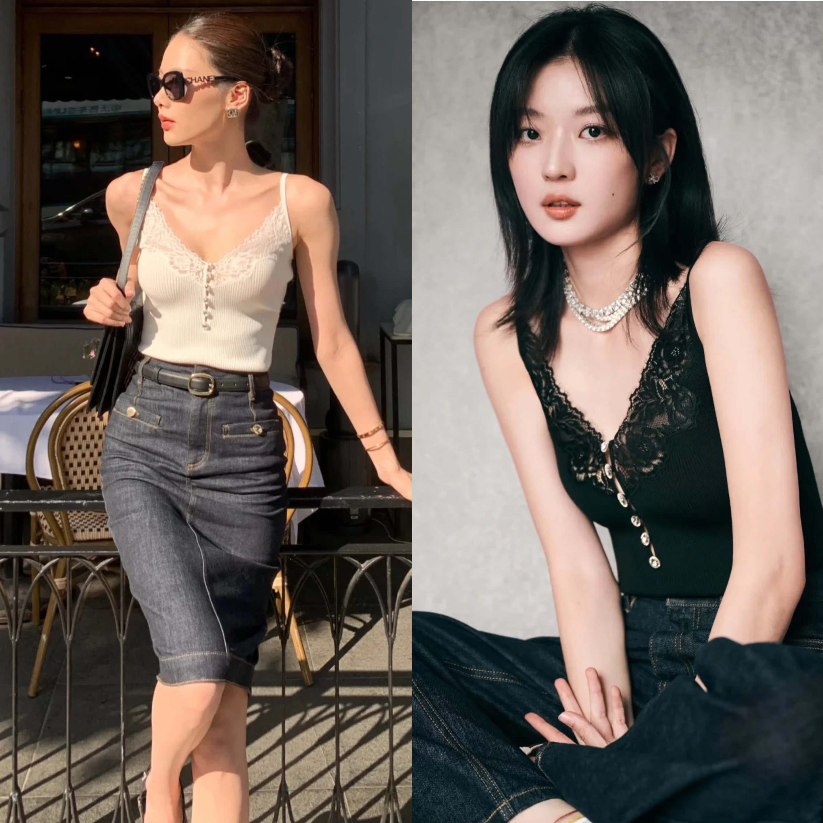 （珊珊家）原原单单新款纯色拼蕾丝芭蕾吊带针织背心上衣