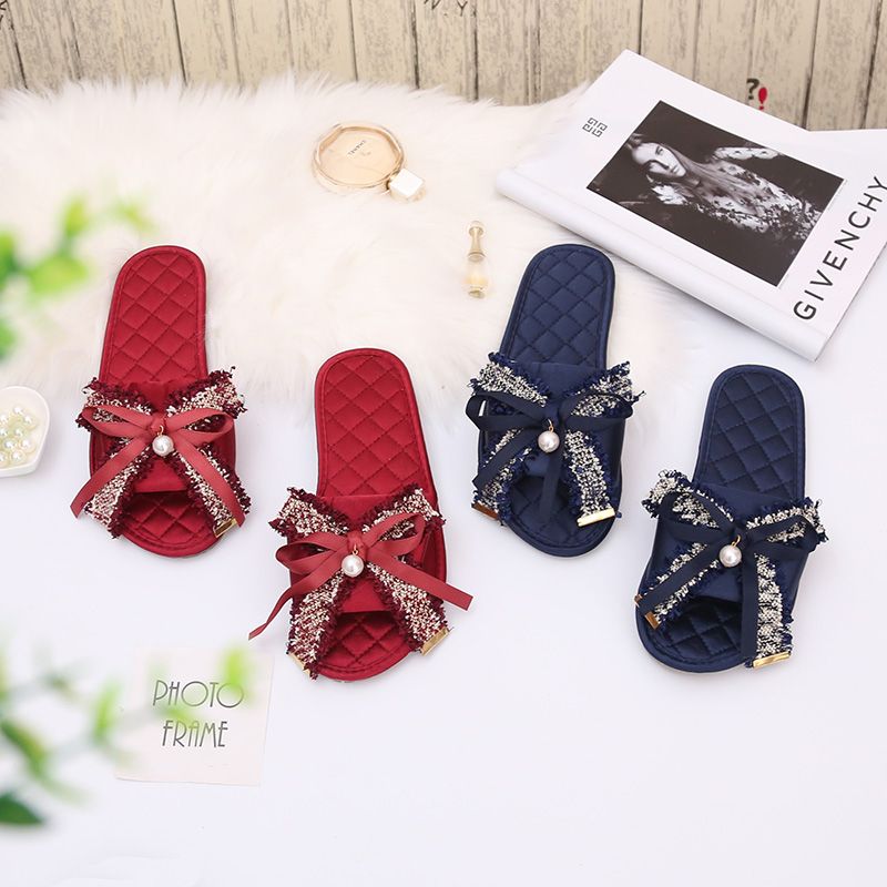 Áo choàng cặp vợ chồng dép nhà nhà Four Seasons chung thơm gió nhỏ Hàn Quốc satin bow dép nữ mùa hè