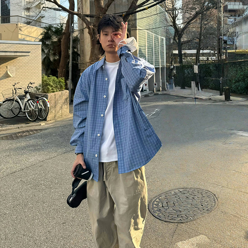 DRIVESTRAIGHT 主线日系复古休闲宽松定织格纹插袋长袖衬衫外套