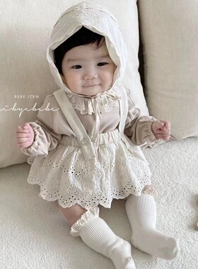 BBABBA韩版ins2024宝宝春女宝宝连体哈衣背带裙套装婴儿包屁爬服