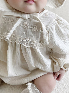 BBABBA韩版INS女童宝宝连衣裙公主甜美圆领百天周岁宴连体衣爬服