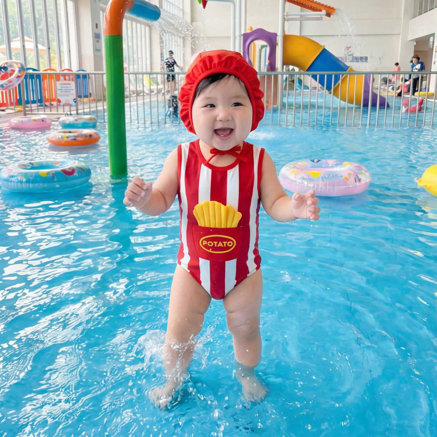 2026夏季韩版婴儿连体泳装可爱薯条造型游泳衣宝宝条纹速干两件套