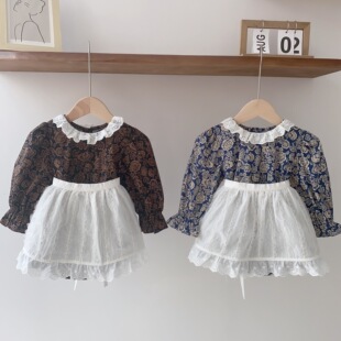 韩版童装2023春季新款婴儿花边领印花爬服围裙宝宝碎花连衣裙春装