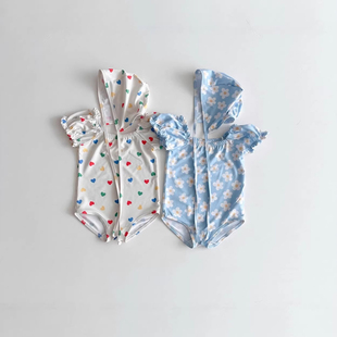 26韩版 印花连体泳衣ins新生儿速干防水泳衣送帽子 女童宝宝泡泡袖