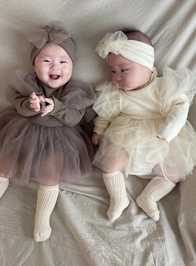 BBABBA童装ins春秋款韩国婴儿女宝宝泡泡袖蓬蓬纱裙百天周岁宴会