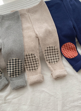 BBABBA韩版2025春秋婴幼儿长裤坑条螺纹打底裤棉格子宝宝可爱长裤