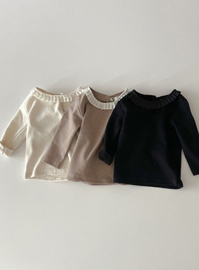 BBABBA韩版2024儿童春新款女宝宝甜美压皱领打底衫婴幼童长袖T恤