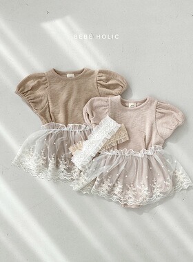 BBABBA韩版童装ins婴童蕾丝裙子爬服两件套婴儿套装女宝连体衣