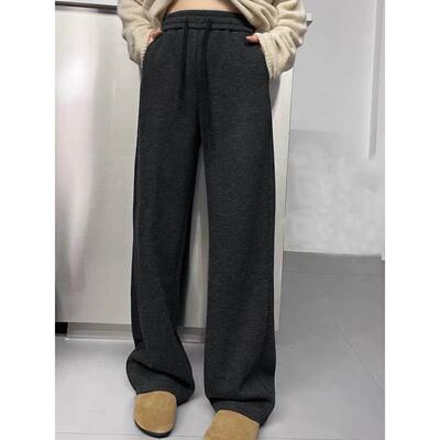 欧货抽绳裤高腰羊绒阔腿女202SFY5秋宽松地显瘦加厚米色直筒拖冬