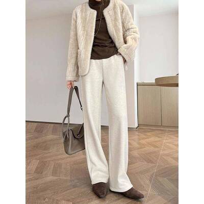 杏色羊MGI毛冬女腿裤阔加厚高秋直腰人字纹细窄绒裤