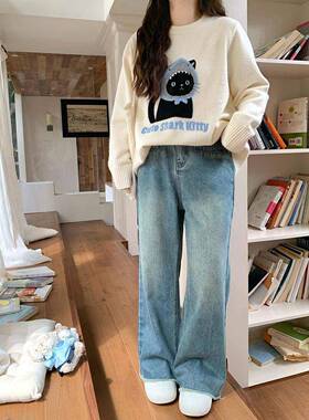 辣大尺码女装版 复古假一字口YMI袋直筒显瘦条型好看的超须边牛仔