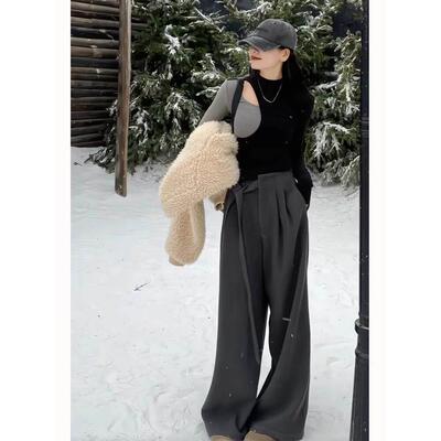 灰色毛呢西休裤女季新冬款梨型身材遮胯显瘦大尺码高级感阔装PSW