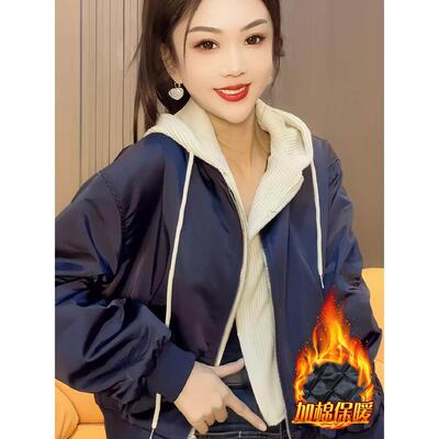 尚休闲长袖短外套女时新2025年冬季款假两件连帽加COC绒加夹克厚