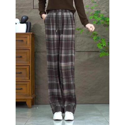 格子裤子2女小个子巨好看25新款CVY松紧腰春秋季0休百搭窄版闲阔