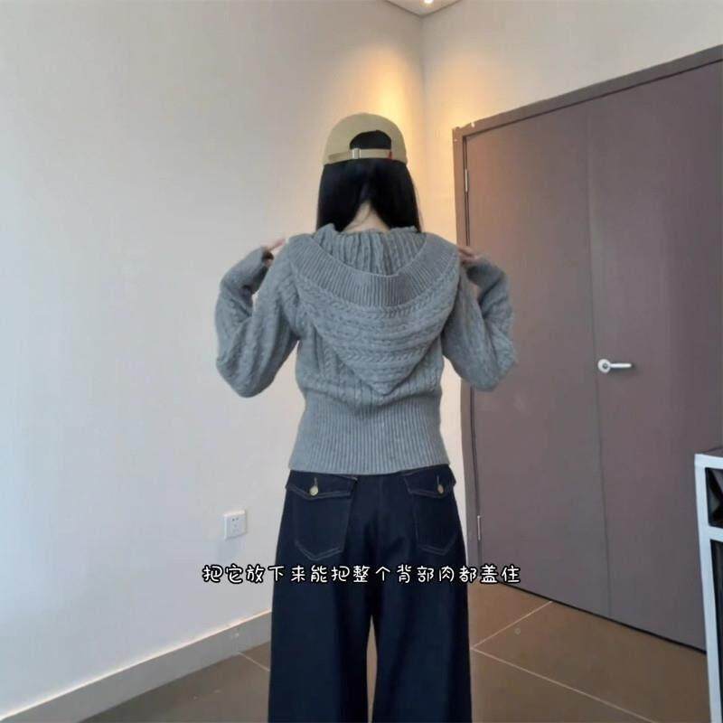 灰麻花拉链连帽织色开毛衫女秋冬小个子短款衣外套内搭打27750-1