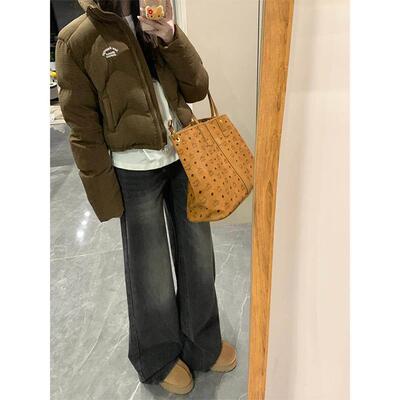 美式黑灰色高腰宽松腿YC2033牛仔裤女春秋02阔5垂年感拖地春2季直