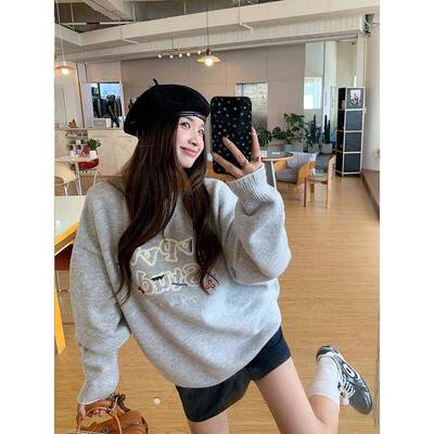 NVPVVA 秋冬搭LOGO米百韩粒圆领毛绣衣RXZ系宽松慵懒风针织衫上衣