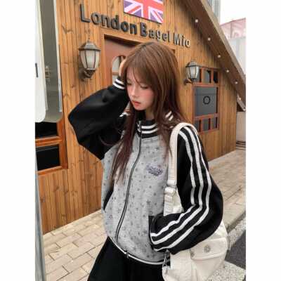 AJAWmoeba美式古覆条纹撞色插肩院袖星印花宽松学风立领夹克外星