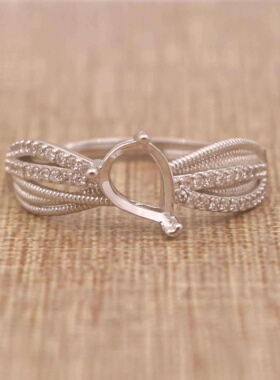 S925银戒托 多规格 翡翠蜜蜡彩宝玉石银戒 滴水形戒指空托镶嵌DIY