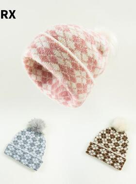 NTRX拼色格子毛线帽女大头围显脸小针织帽加厚保暖可爱毛球护耳帽