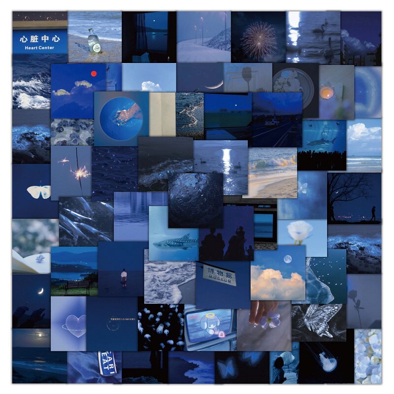 60张蓝色治愈系ins风景表情包贴纸行李箱笔记本手机壳装饰画防水