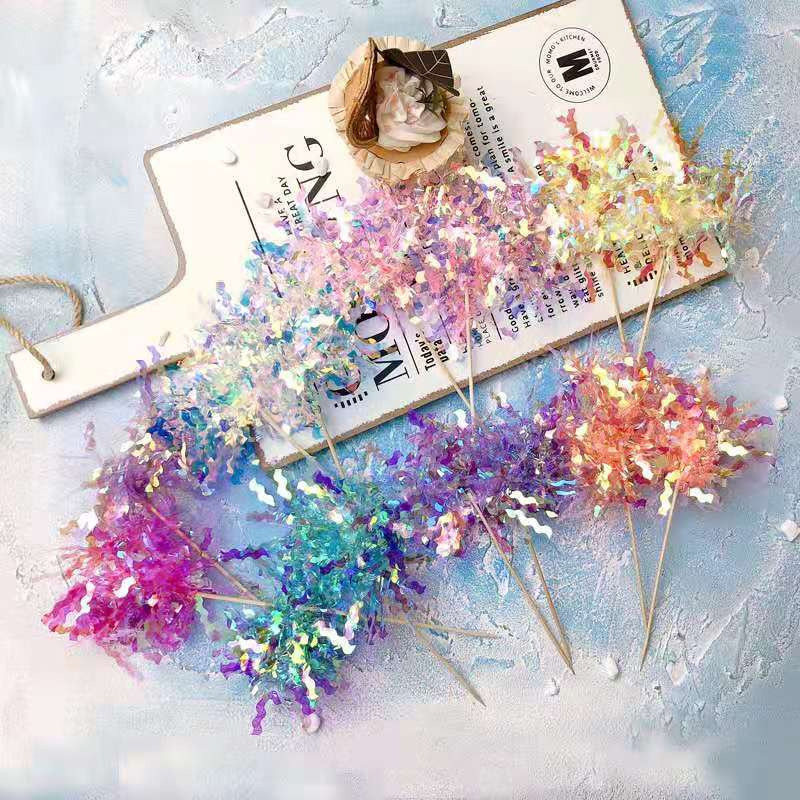 ins炫彩雨丝礼花流苏毛条镭射彩条蛋糕装饰插件生日派对插牌插签