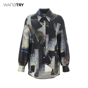 质感流浪文艺衬衣 Wana try拼色油画印刷衬衫 春秋新款 上衣翻领开衫