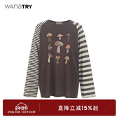 try蘑菇印花钉珠咖色长袖 T恤2025秋季 新款 wana 简约百搭女款 上衣