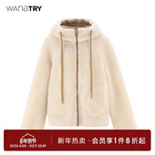 wana 明星同款 try环保皮毛一体绒外套女连帽秋冬加厚上衣外搭
