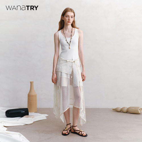 wanatry白色装饰花边蕾丝连衣裙