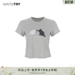 通勤休闲显高短袖 wana 新款 T恤春季 女 try黑白小猫摸摸头印花短款