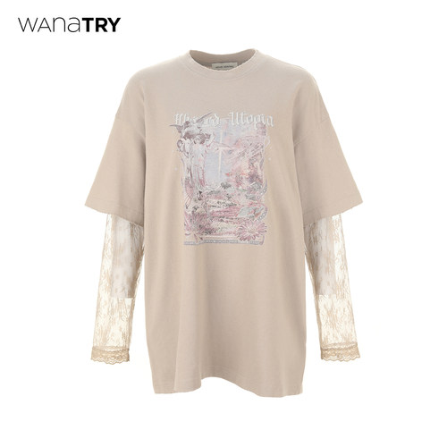wanatry卡其色假两件复古T恤