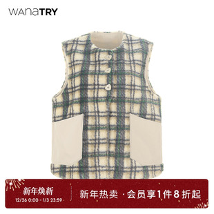 wana 休闲百搭上衣背心 try莱赛尔棉混纺马甲撞色格子秋冬女装