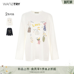 新款 T恤春季 宽松简约遮肉松弛感上衣女 try减龄趣味印花长袖 wana