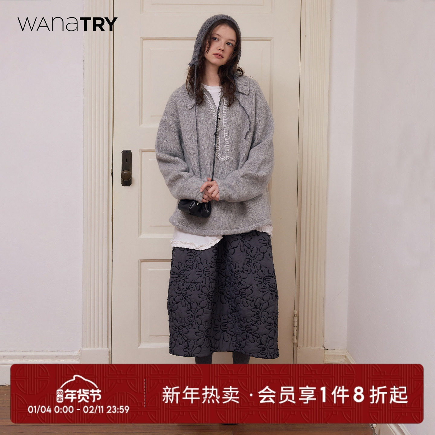 wana try绵羊毛半拉链针织上衣秋冬新款灰色针织衫翻领女装内搭,女装/女士精品,毛针织衫,淘宝优惠券,粉丝福利购,淘宝优惠卷