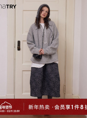 wana try绵羊毛半拉链针织上衣秋冬新款灰色针织衫翻领女装内搭