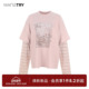try印花拼接条纹袖 T恤藕粉色2025冬季 新款 wana 宽松休闲女款 上衣