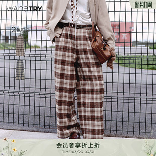 长裤 wana 通勤女款 2025早秋新品 try后腰松紧复古米咖格纹阔腿裤