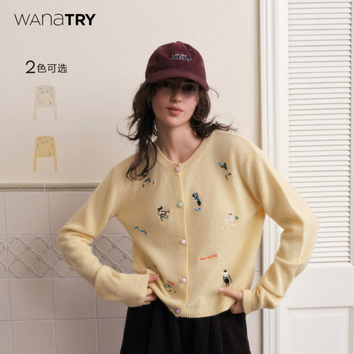 wanatry羊毛女孩绣花针织开衫
