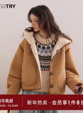wana try环保皮毛一体泰迪熊外套杏色双面穿冬季新款限定浮光里女