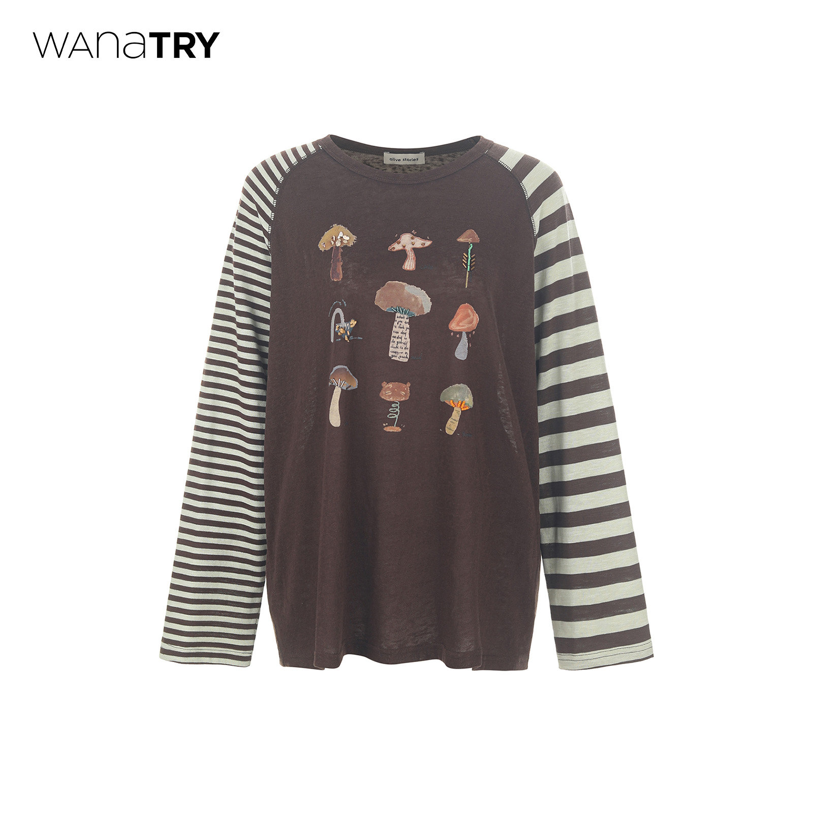 wanatry蘑菇印花钉珠咖色长袖T恤