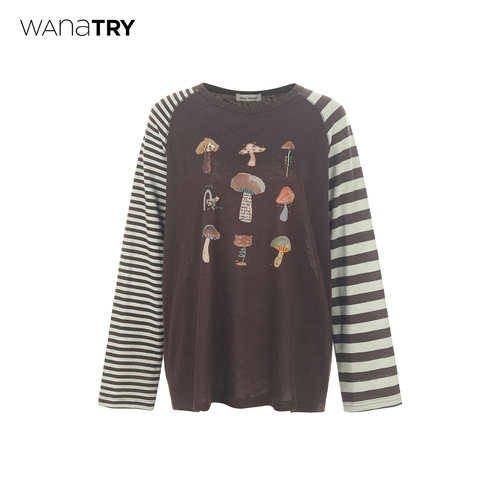 wanatry蘑菇印花钉珠咖色长袖T恤