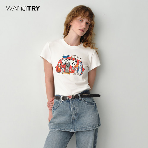 wanatry小动物印花烫钻短款T恤