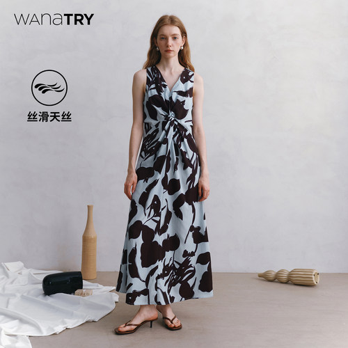 wanatry天丝亚麻蓝花印花连衣裙